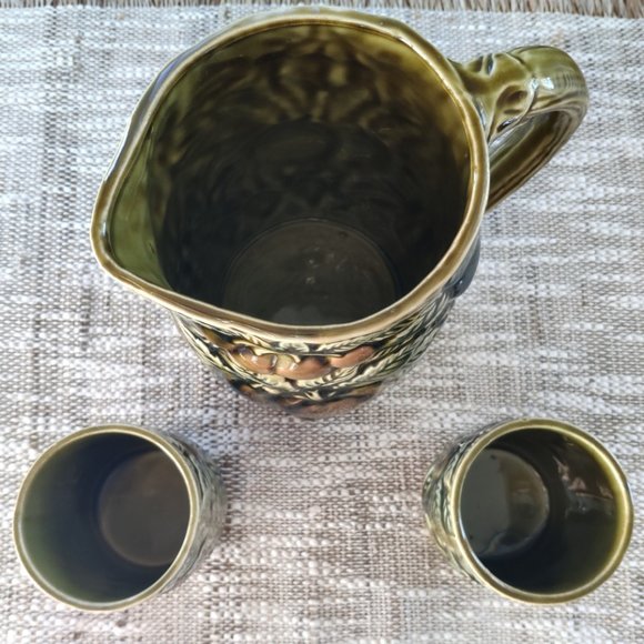 MCM Green Pitcher Set of 3 Reliefed Ceramic VTG Fruit Motif Pitcher and Tumblers - Picture 7 of 12
